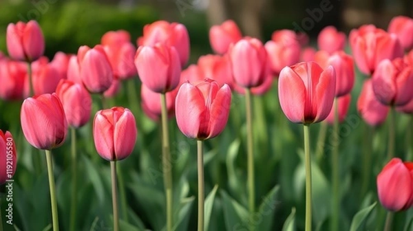 Fototapeta A field of vibrant pink tulips swaying gently in soft sunlight — romantic, serene spring scene perfect for celebrations, greetings, or nature-inspired designs.
