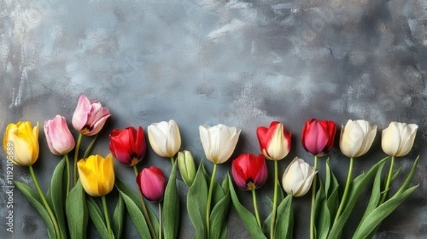 Fototapeta A colorful row of tulips — yellow, pink, red, and white — lines up against a textured gray background — fresh, elegant floral arrangement perfect for spring greetings or design accents.