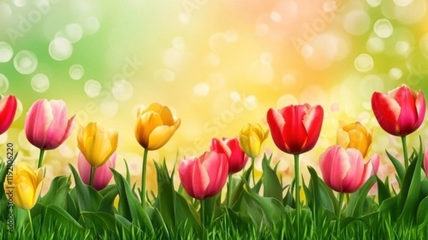 Fototapeta Colorful tulips — pink, red, and yellow — sway in a sunlit field with glowing bokeh background — cheerful, dreamy spring scene perfect for celebrations, greetings, or nature-themed designs.