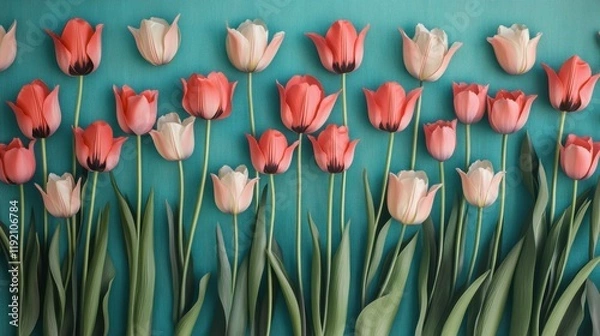 Fototapeta Delicate pink and white tulips bloom in neat rows against a teal backdrop — elegant, stylized floral design perfect for spring themes, invitations, or decorative art.