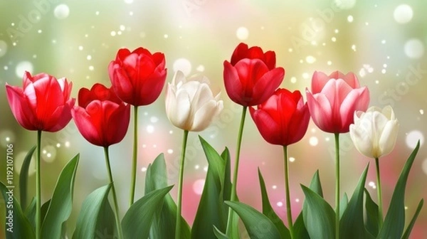Fototapeta Bright red and white tulips stand tall against a dreamy, glowing bokeh background — romantic, springtime scene perfect for Mother’s Day, weddings, or celebratory designs.