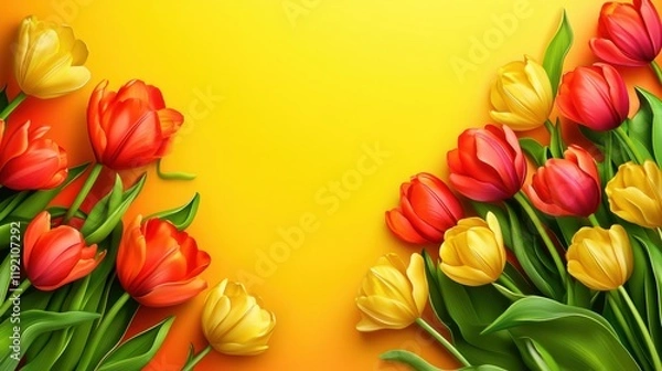 Fototapeta Vibrant red and yellow tulips bloom against a bright yellow background — cheerful, spring-inspired floral frame perfect for celebrations, greetings, or festive design projects.