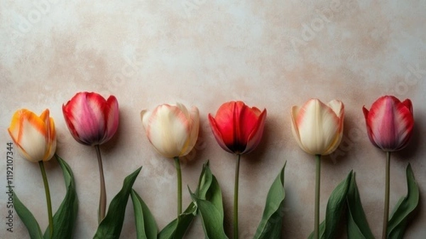 Fototapeta Six vibrant tulips in red, pink, and cream line up against a soft beige background — elegant, minimalist floral arrangement perfect for spring, romance, or greeting card designs.