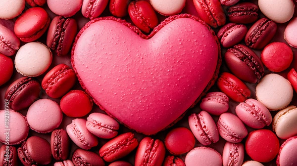 Fototapeta A close-up of red and pink macarons arranged in a heart shape 