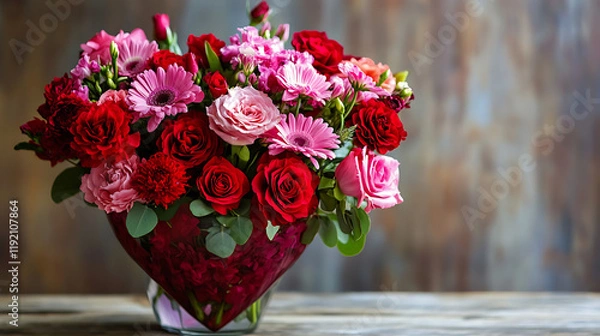 Obraz A heart shaped arrangement of various red and pink flowers in a vase 