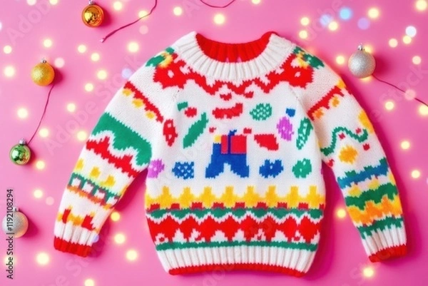 Fototapeta Vibrant Christmas sweater with colorful holiday icons — reindeer, trees, candy canes — on white, set against a pink background with twinkling lights — festive, joyful design for holiday celebrations.