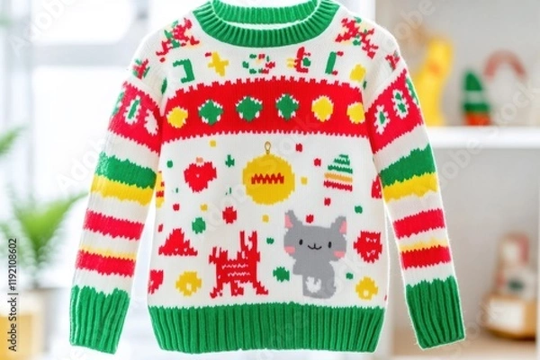 Fototapeta Adorable holiday sweater with a cute gray cat, reindeer, Christmas trees, and candy canes on a white background — colorful red, green, and yellow stripes add festive cheer for cozy winter celebrations