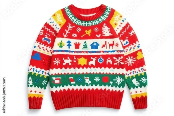 Fototapeta A festive red Christmas sweater with colorful holiday patterns — reindeer, trees, snowflakes, and stars — perfect for cozy winter celebrations and cheerful seasonal style.