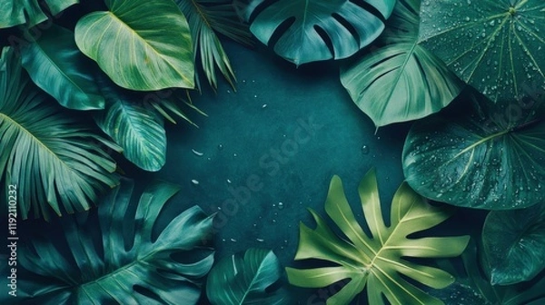 Fototapeta Rich tropical leaves in deep green tones frame a dark teal center — lush, moody botanical background perfect for eco, luxury, or nature-inspired designs.