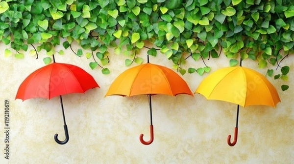 Fototapeta Three colorful umbrellas — red, orange, and yellow — hang beneath a lush green ivy canopy against a soft beige wall — cheerful, whimsical scene perfect for spring or rainy-day themes.