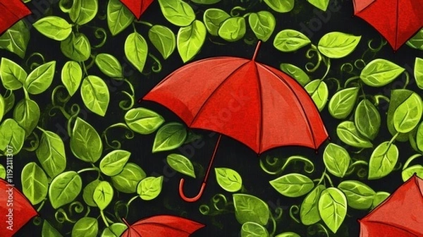 Fototapeta Red umbrellas peek through a lush, swirling pattern of green leaves on a dark background — whimsical, nature-inspired design perfect for spring or rainy-day themes.