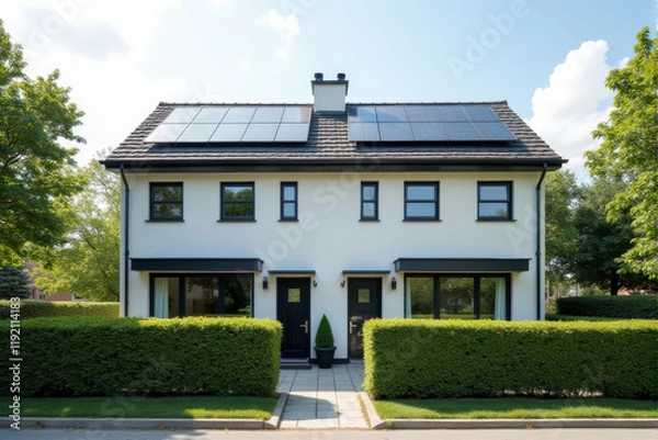 Obraz A modern duplex with solar panels on each unit’s roof, surrounded by neatly trimmed hedges and trees.