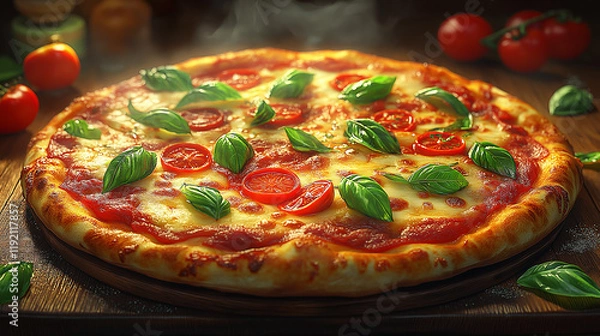 Obraz pizza with mushrooms and tomatoes, "Fresh Margherita Pizza with Basil and Cherry Tomatoes, Pizza