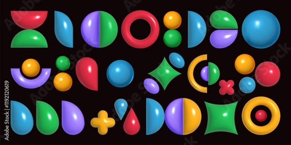 Fototapeta 3d figures. Memphis, brutalist vibrant design, experimental geometry cover or visual brutalism poster, artistic and playful colorful illustration. Vector abstract isolated render elements set