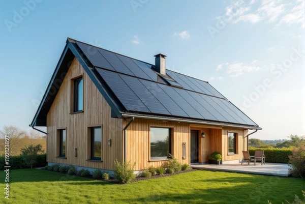 Obraz A photo of a newly constructed eco-friendly house with solar panels and energy-efficient windows.