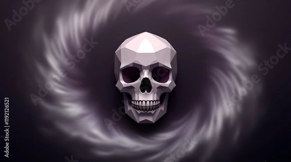 Fototapeta Striking low-poly digital artwork of a human skull set against an abstract dark and ethereal background radiating dynamic energy.