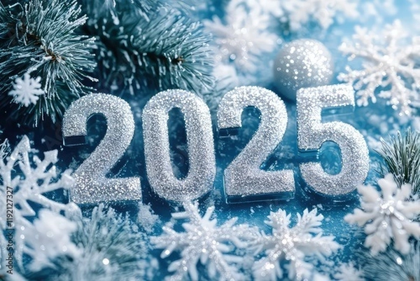 Fototapeta A winter-themed "2025" text made of icy textures surrounded by snowflakes and a Christmas tree.