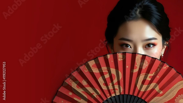 Fototapeta A woman's face with dark hair hidden by a patterned fan on red background, chinese new year and festive design concept