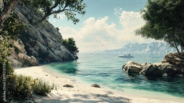 Fototapeta Serene Coastal Escape: Yacht Anchored near Secluded Beach Cove
