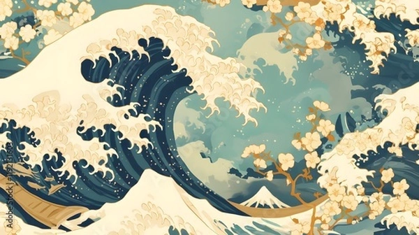 Fototapeta Traditional Japanese wallpaper pattern featuring waves and elegant motifs, providing a sense of oriental grace.