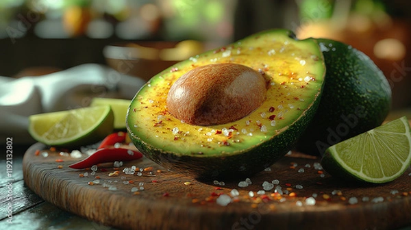 Obraz avocado on a plate, Avocado, Fresh Sliced Avocado with Lime, Chili, and Sea Salt