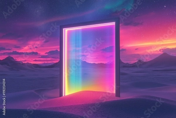 Fototapeta A surreal scene with a frame made of glowing liquid, set against an infinite desert landscape under a vivid, shifting aurora.