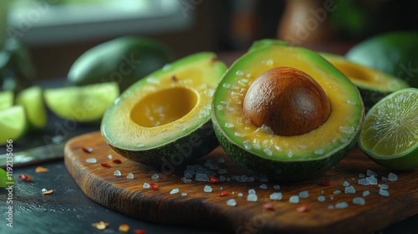 Obraz avocado on a plate, Avocado, Fresh Sliced Avocado with Lime, Chili, and Sea Salt