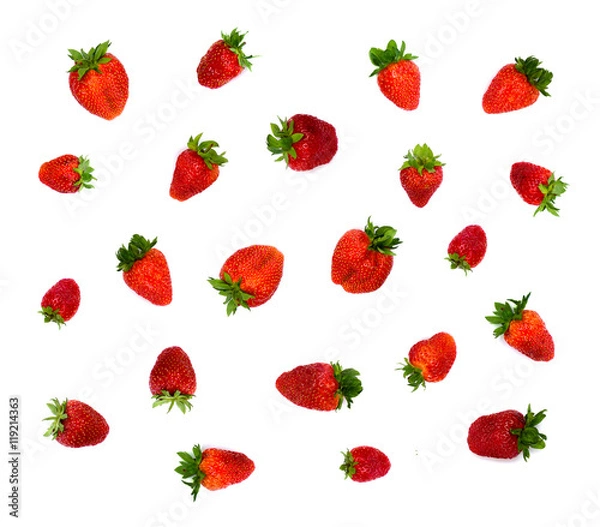 Fototapeta Ripe garden strawberry (strawberry, Fragaria x ananassa) on a white background. Flat lay