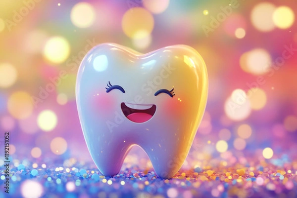 Obraz Cute tooth character smiling on a colorful background with bokeh lights, in a cartoon style