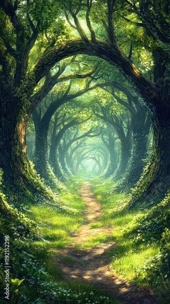 Obraz Magical forest path leading through a tunnel of lush green trees, sunlight streaming through the canopy.