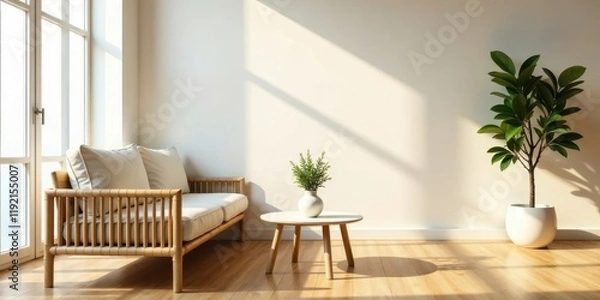 Fototapeta Sunlight streams into a minimalist living room, illuminating a light-colored couch with a natural wood frame, a small round coffee table, and potted plants adding a touch of greenery.