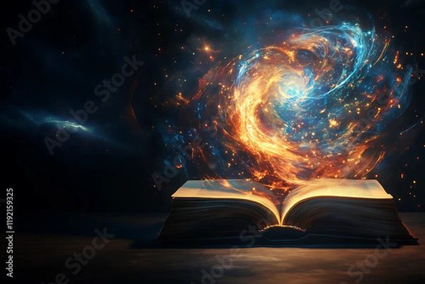 Fototapeta A captivating 3D illustration of an open book radiating a vibrant cosmic energy swirl.