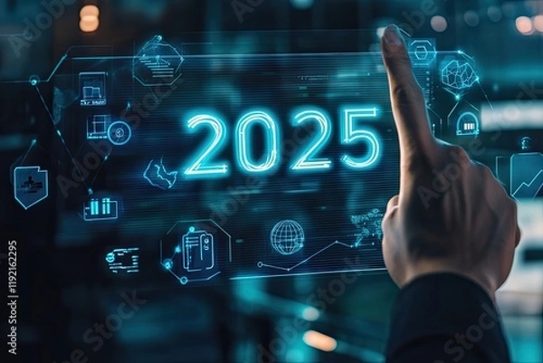 Fototapeta Transparent floating screen with "2025" and icons for planning and opportunities, activated by a businessmanâ€™s hand.