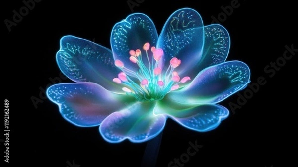Fototapeta A captivating neon flower with glowing petals in shades of blue, pink, and green, creating a magical and surreal effect on a black background