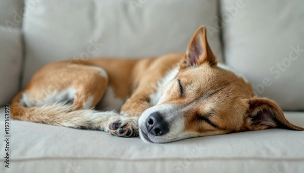 Fototapeta Peaceful Canine Slumber: A Serene, Curled-Up Dog on Beige Sofa