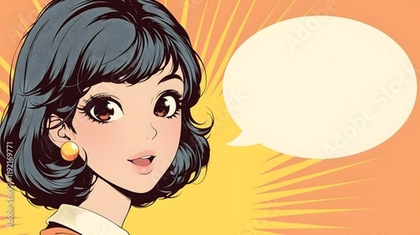 Fototapeta woman with a surprised smile, speech bubble included in a pop art cartoon style, capturing retro anime charm