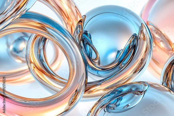 Fototapeta An intricate arrangement of glossy rings and spheres in metallic blue and copper tones creates a dynamic abstract design. The reflective surfaces and soft lighting enhance the futuristic, fluid bg
