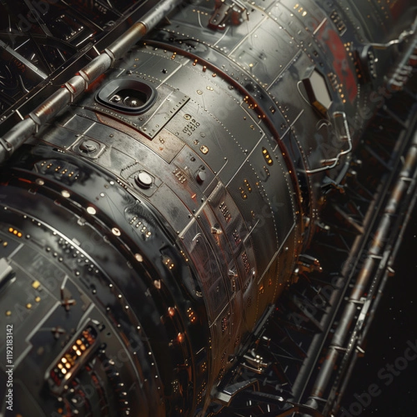 Fototapeta High-Tech Rocket Payload Fairing: Metallic Gleam Amidst the Starry Blackness.
