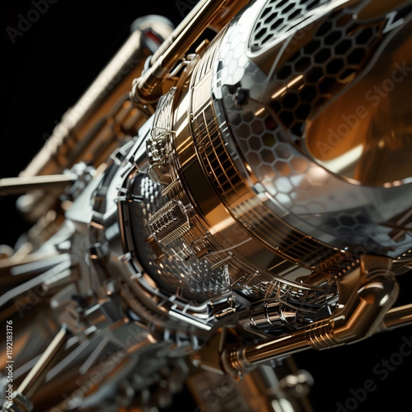 Fototapeta Up Close: Rocket Payload Fairing with Advanced Textures and Metal Luster Against the Cosmos.