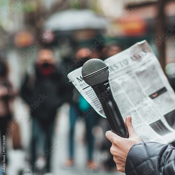 Fototapeta Symbol of Press Freedom: Journalist with Microphone Stands Before Blank Newspaper Page