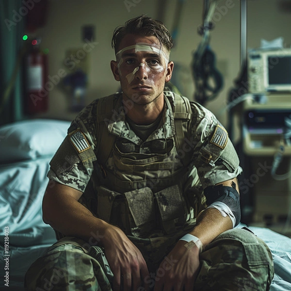 Fototapeta Wounded Soldier Displaying Resilience on Hospital Bed, Bandaged and Resolute, with Blurred Medical Equipment in the Background.