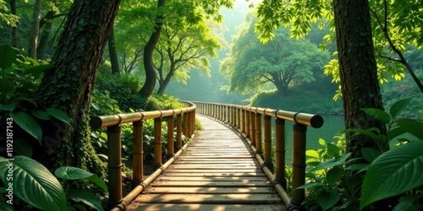 Obraz Serene Bamboo Footbridge Leading Through Lush Green Foliage to a Tranquil Waterway