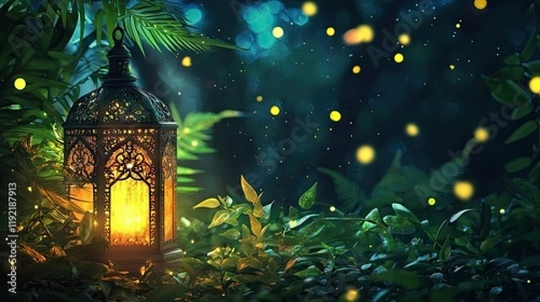 Fototapeta Illuminated lantern in lush foliage, fireflies at night