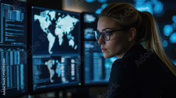 Fototapeta Professional Woman Analyzing Data on Multiple Computer Screens