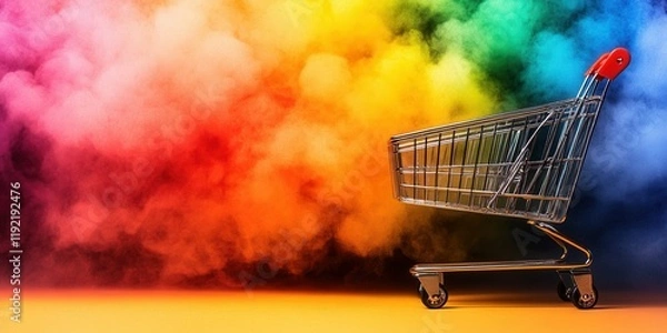 Fototapeta Vibrant Shopping Cart with Colorful Smoke Background in Watercolor Style