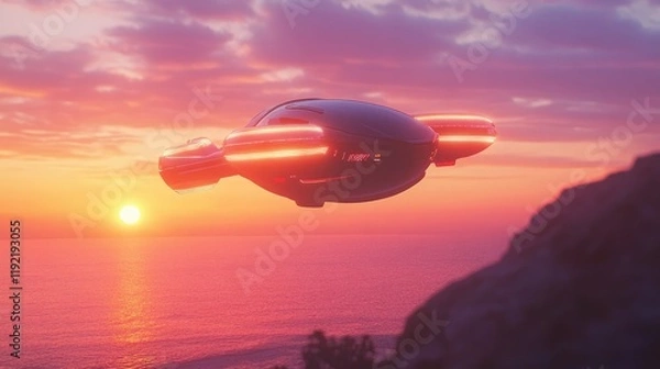 Fototapeta A futuristic drone hovering calmly as the sun dips below the horizon, bathing the scene in golden and purple light.