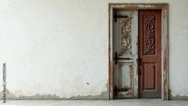 Fototapeta A weathered double door with intricate carvings set against a distressed plaster wall.  The aged wood showcases the passage of time and hints at stories untold.