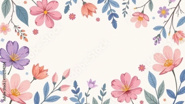 Fototapeta A Delicate Floral Frame for Springtime Designs and Announcements Featuring Pastel Blossoms and Greenery