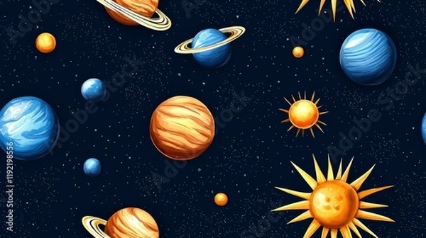 Fototapeta cute rocket and space seamless concept. Vibrant illustration of planets and the sun in a starry space background.