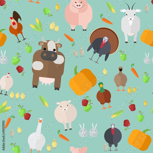 Obraz seamless texture , farm animals , vegetable, vector, on a blue b